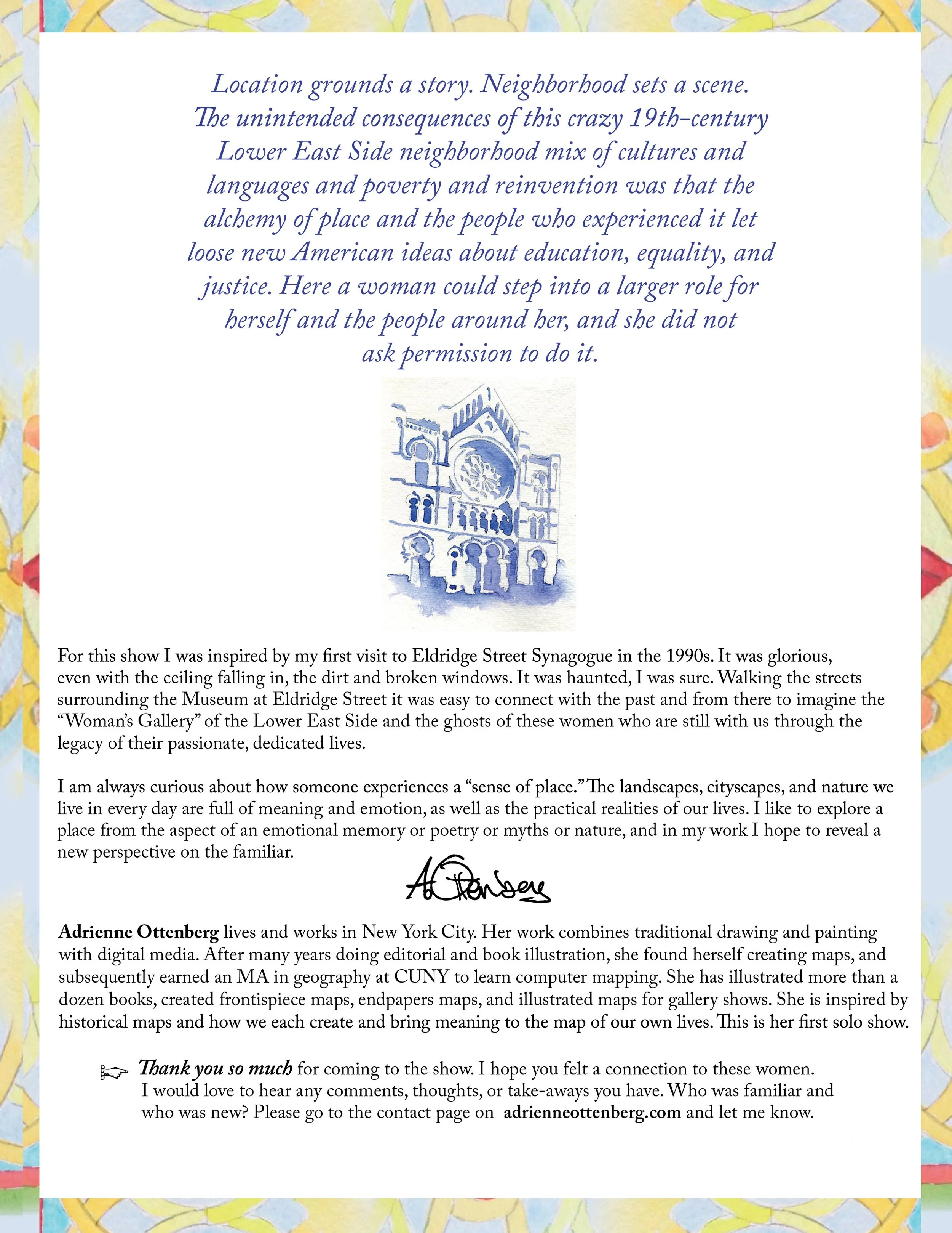 A text-heavy page with a small illustration of a church or cathedral, surrounded by a colorful abstract border. The text discusses neighborhood history, personal inspiration, and the work of artist Adrienne Ottenberg.