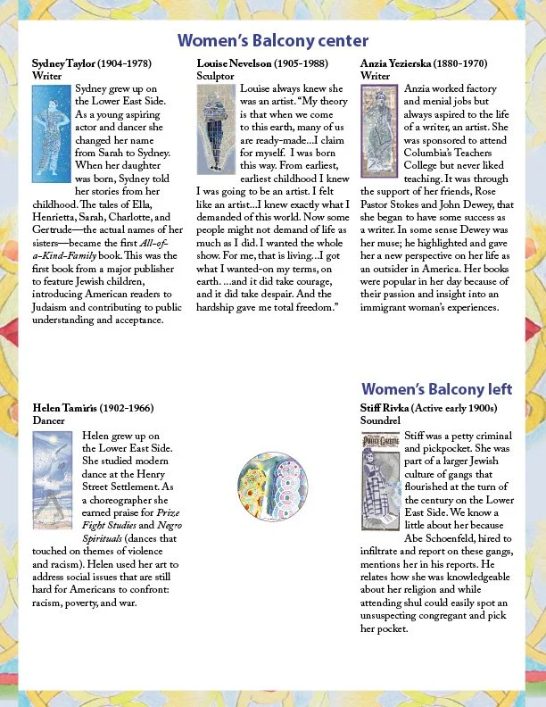 A detailed informational page featuring biographies of women with artistic backgrounds and accomplishments. It includes sections on Sydney Taylor, Louise Nevelson, Anzia Yezierksa, Helen Tamiris, and Stiff Rivka, with descriptions of their careers, contributions, and backgrounds.