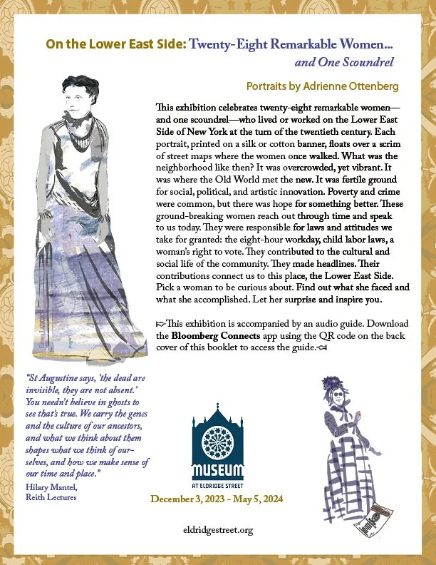 Illustration of two women from early 20th century, one standing and the other sitting, both dressed in period clothing, with a depiction of the Lower East Side Museum logo and information about an exhibition.