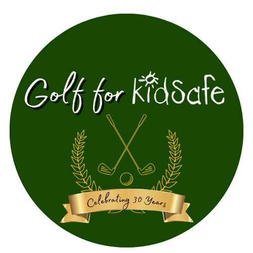 Logo for 2024 Golf for KidSafe with a golden banner 'Celebrating 30 years'. Two golf clubs and a golf ball with a golden wreath 