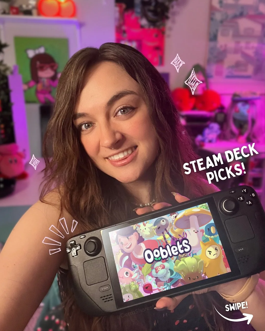 My top 5 Steam Deck picks! 💖
Perfect for handheld gaming whether you&rsquo;re on the couch, commuting, or traveling. Swipe for games that run beautifully on Steam Deck:

🌱 Ooblets - Farm life meets creature collecting (with deck-building dance batt