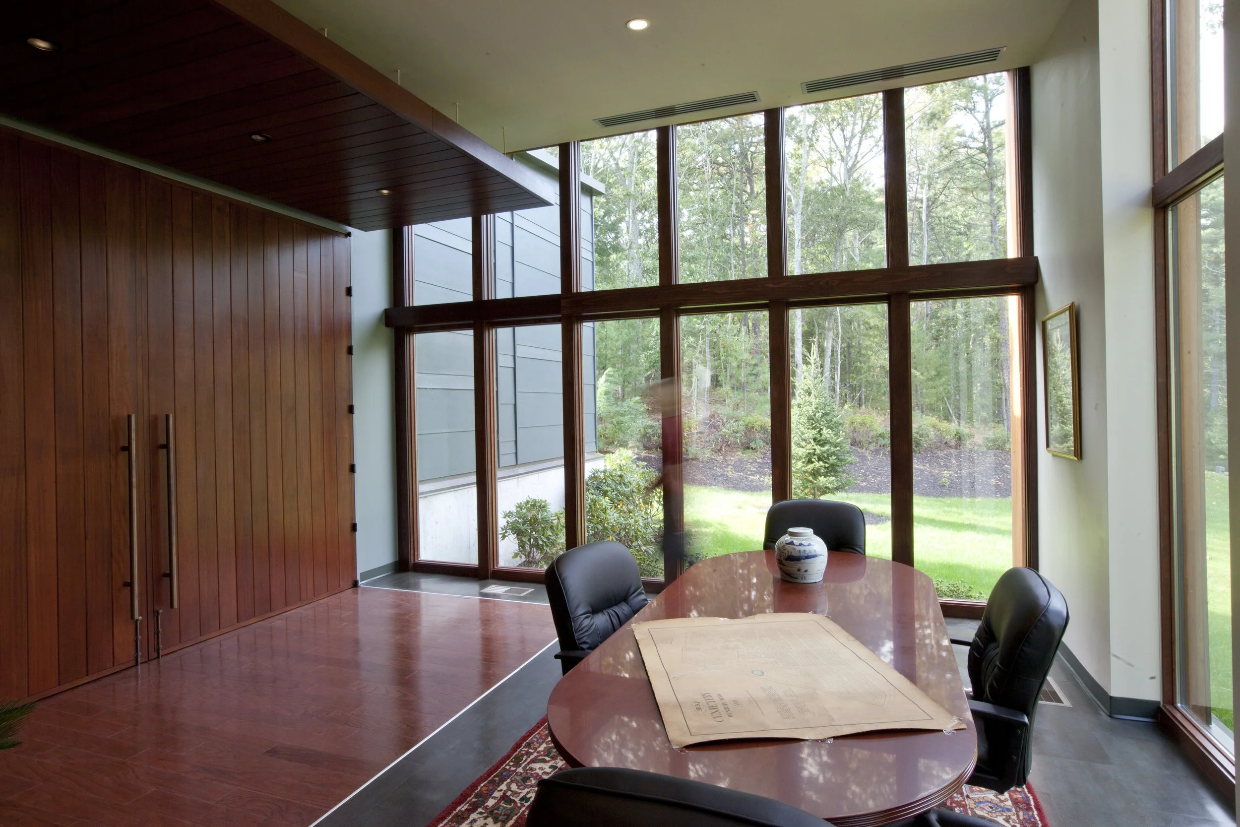 Meeting room overlooking cemetery and forest
