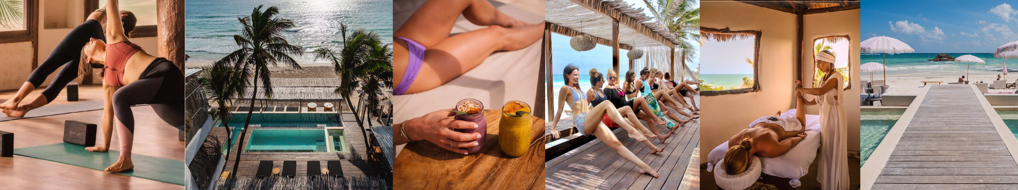 A compilation of images from the Amansala Resort in Tulum, Mexico showing the relaxing beach vibe of retreats held here.