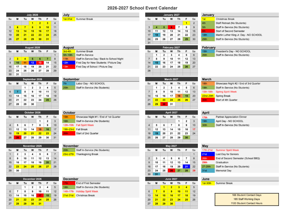 A school event calendar for the academic year 2026-2027, organized by month from July 2026 to June 2027. It highlights important dates such as breaks, holidays, staff in-service days, special events, and the start/end of school quarters and semesters with different colored markers.