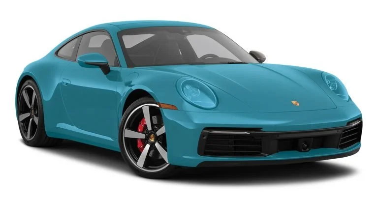 A blue Porsche sports car with black wheels and red brake calipers, featuring a sleek, aerodynamic design.