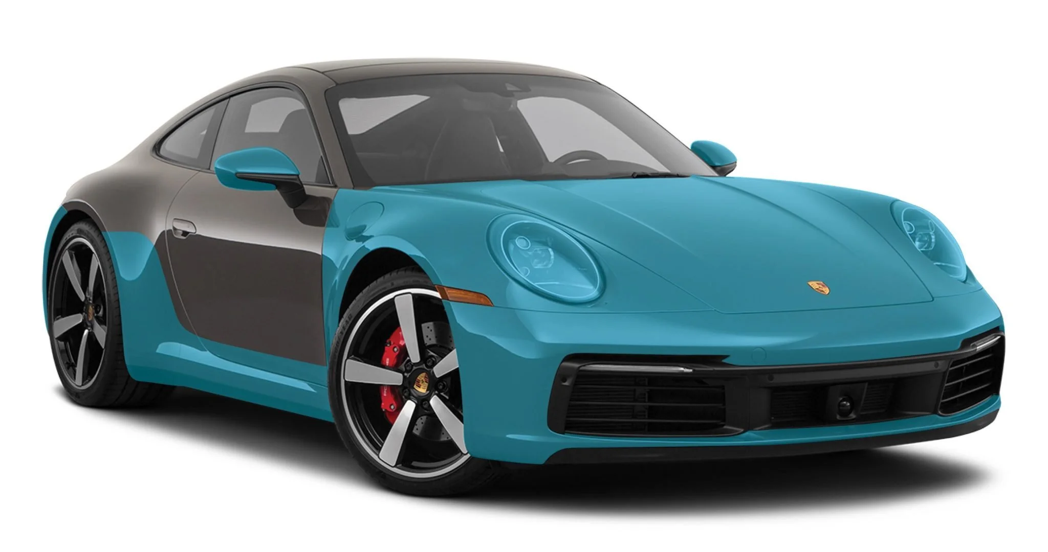 A two-tone blue and black Porsche sports car with front view, featuring sleek design, black hood, and red brake calipers.