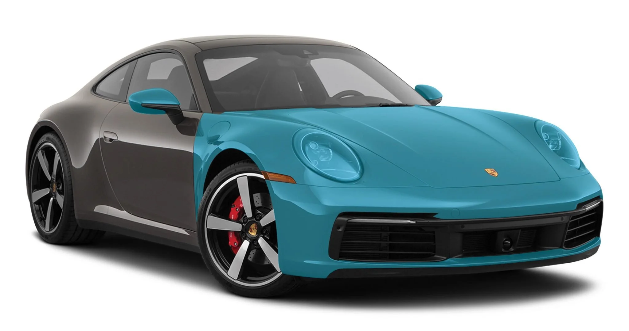 A two-tone black and blue Porsche sports car with a sleek design, black wheels, and red brake calipers.