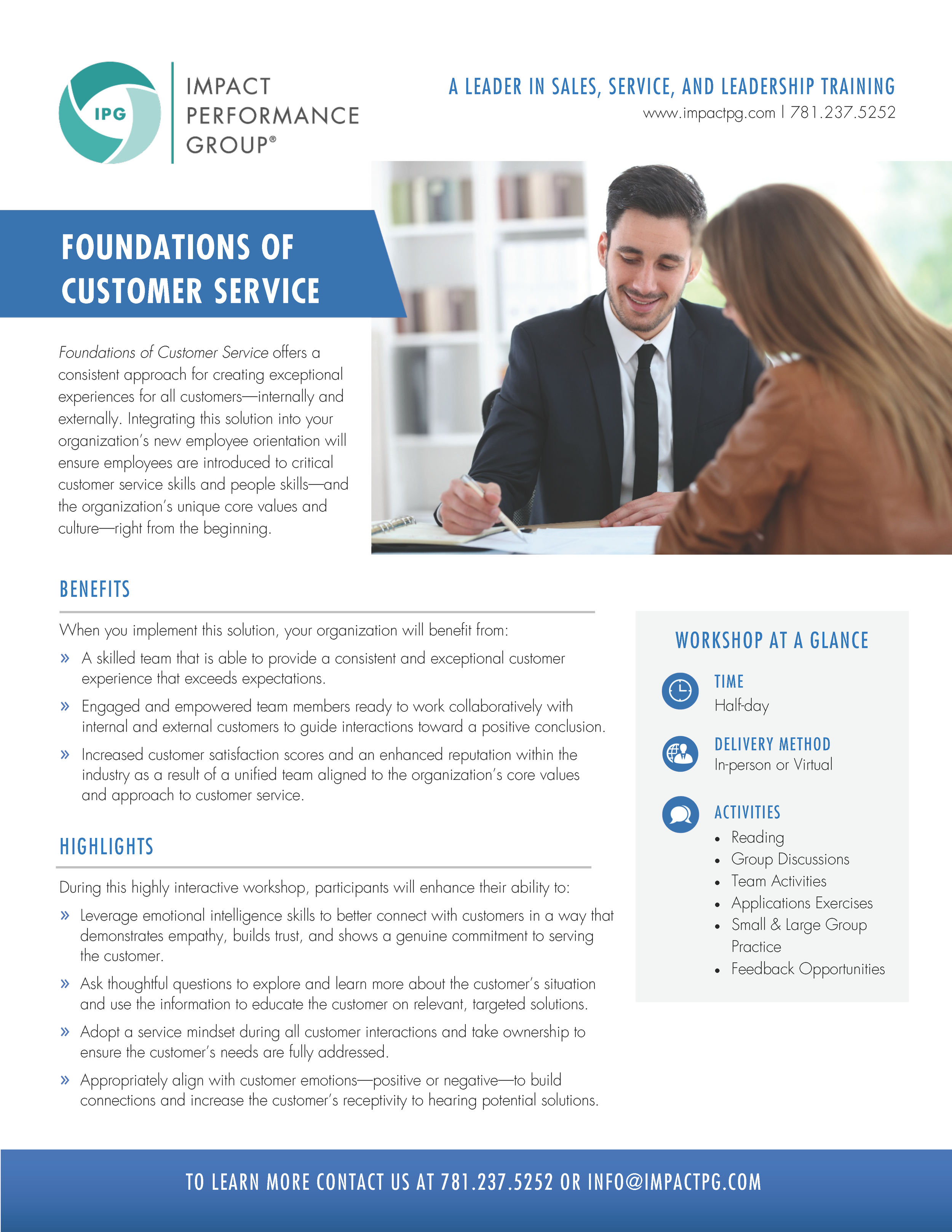 Flyer for Impact Performance Group promoting foundations of customer service workshop with details on benefits, highlights, workshop time, delivery method, and activities. Features a man in a suit talking to a woman in an office setting.