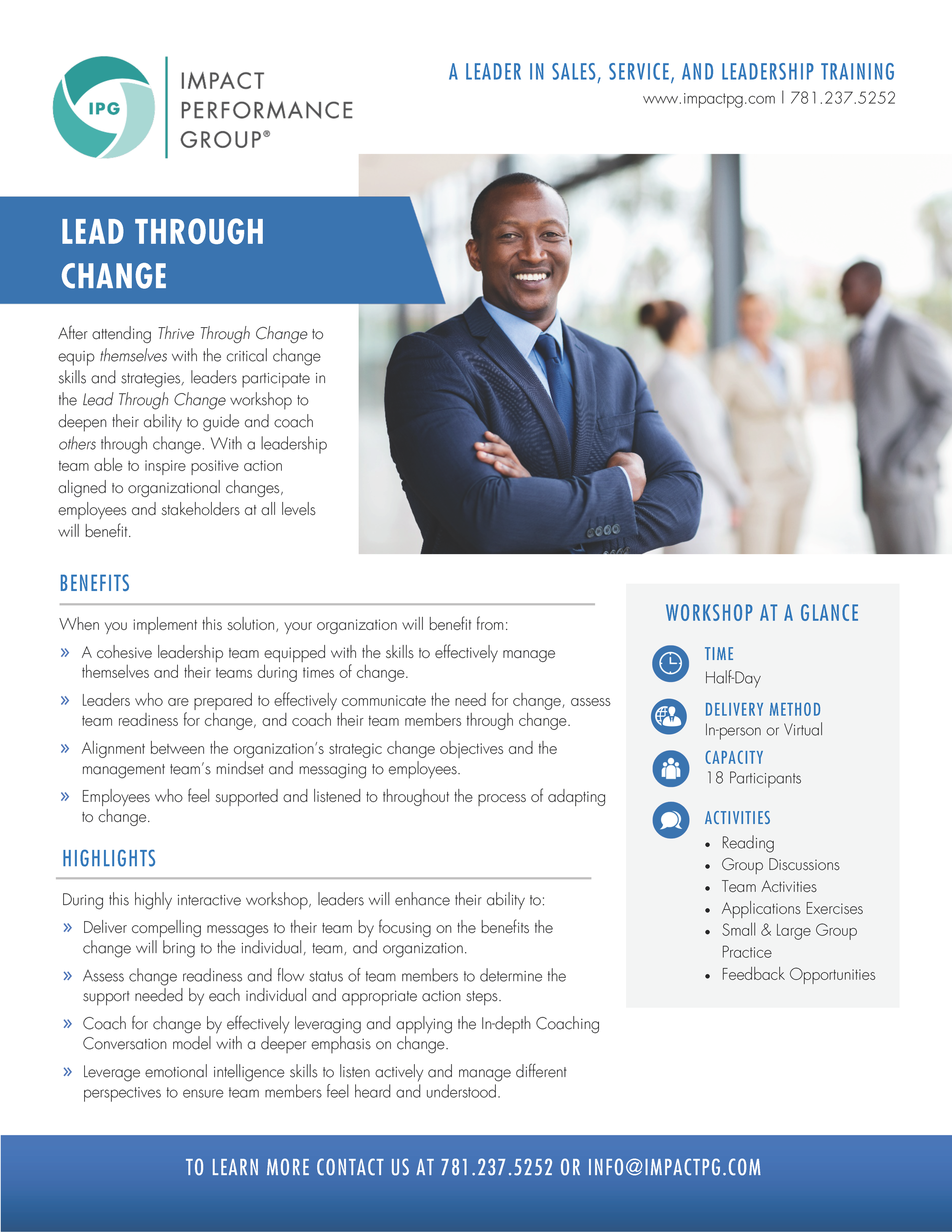 Flyer for Impact Performance Group about a workshop called 'Lead Through Change' focusing on leadership skills for managing organizational change.