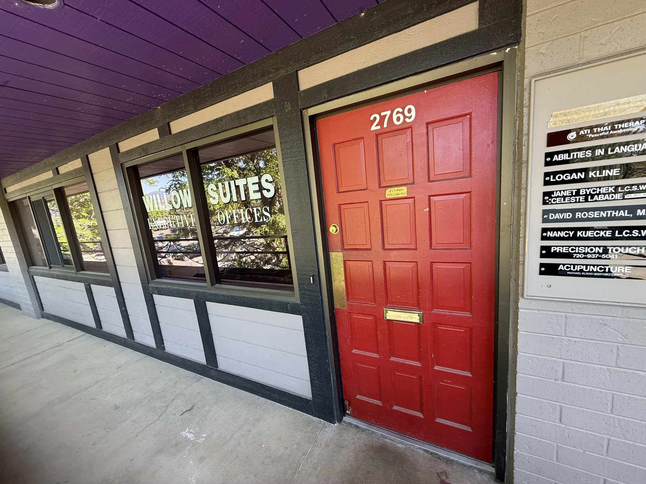 willow suites #2769 is the first door upstairs. wait in the reception area and i will come out to greet you at your appointment time. there is a restroom off of the reception area if you need while you are waiting.