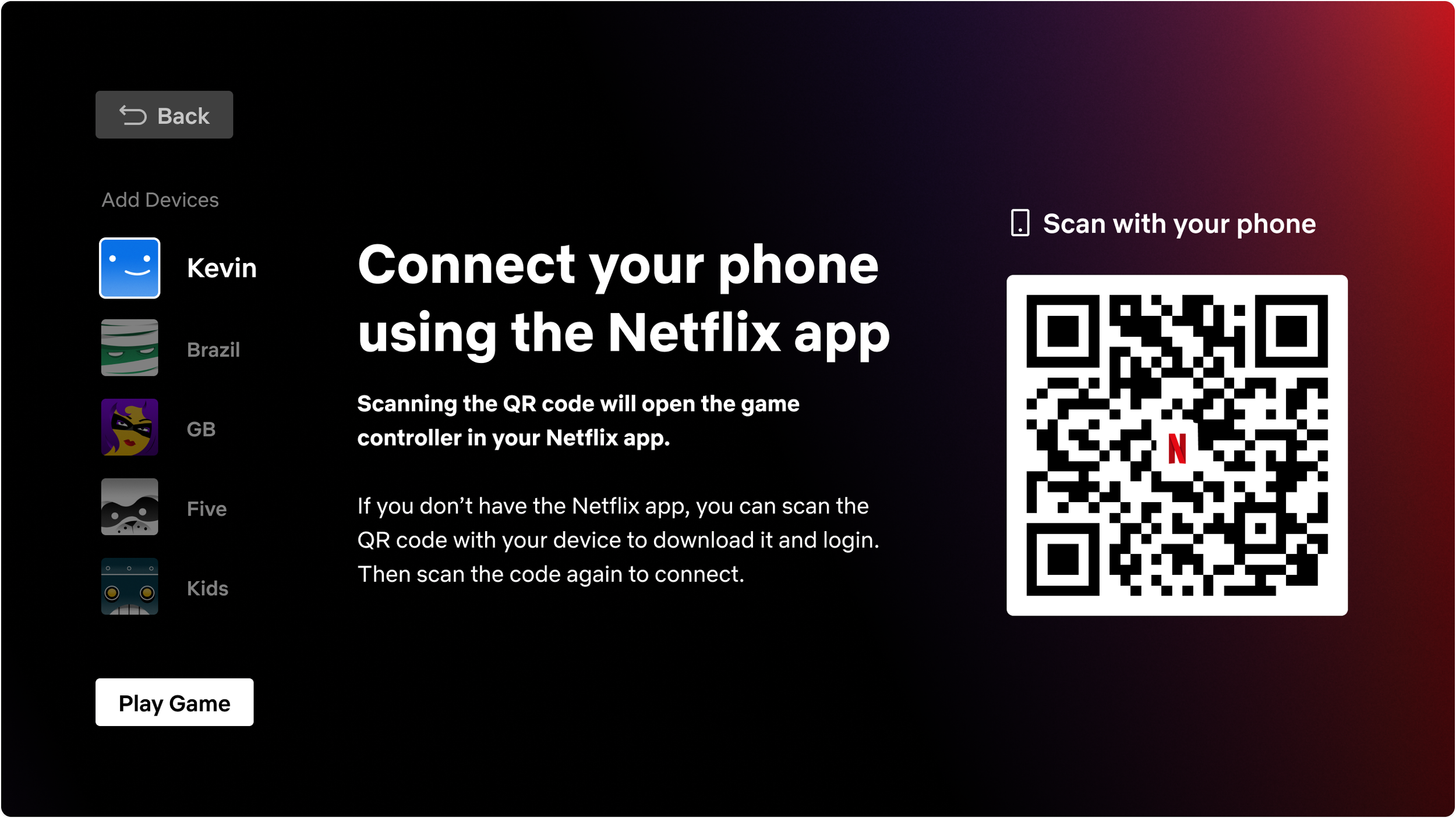 Tela de conexão do celular como controle para jogos da Netflix