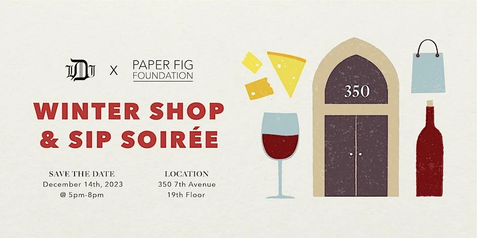 Winter Shop & Sip Soirée invitation with logos and illustrations of wine, cheese, shopping bag, bottle, and door. Event details: December 14th, 2023, 5pm-8pm, 350 7th Avenue, 19th floor.