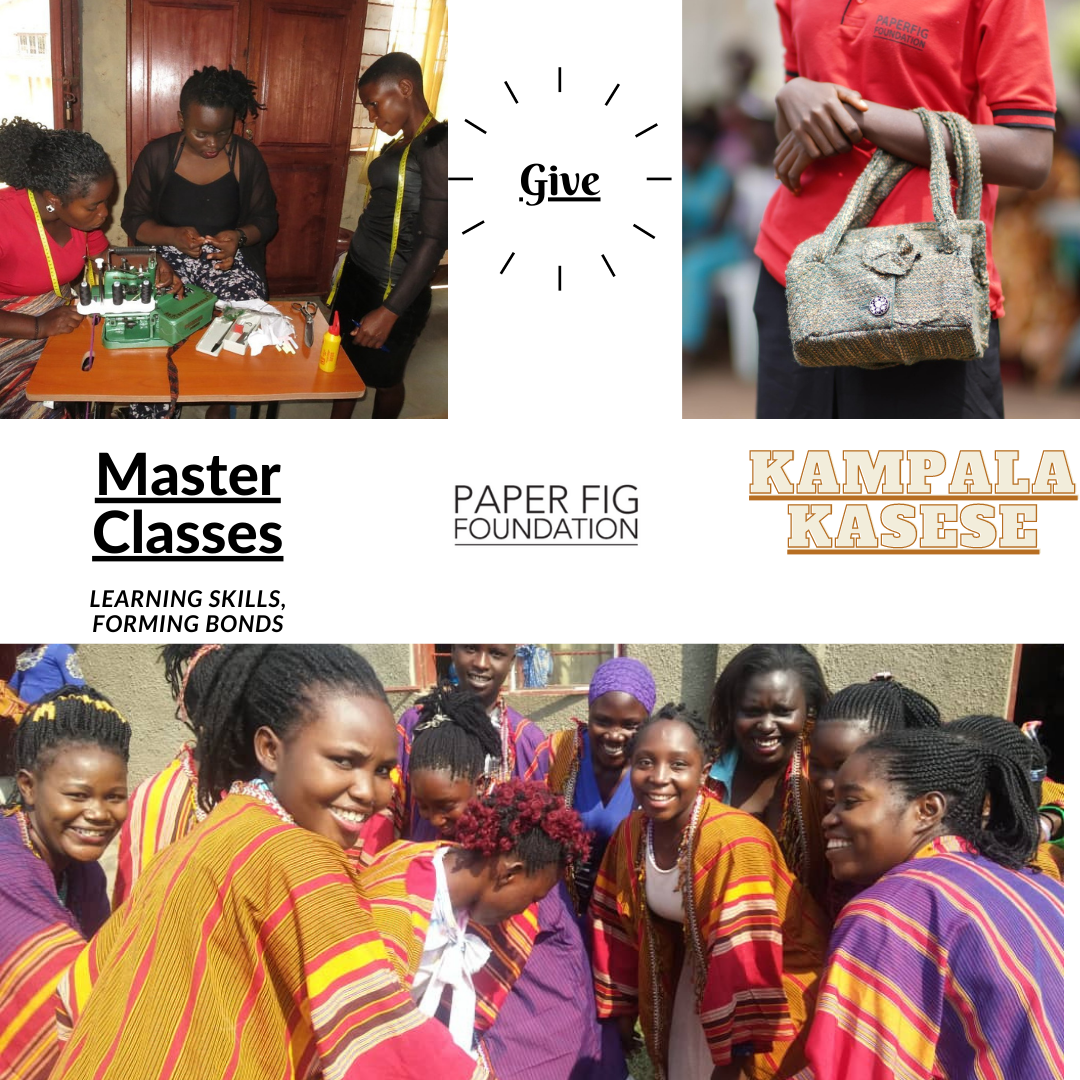 Collage of images promoting Paper Fig Foundation's Master Classes in Kampala and Kasese, featuring participants in sewing activities and wearing traditional attire.