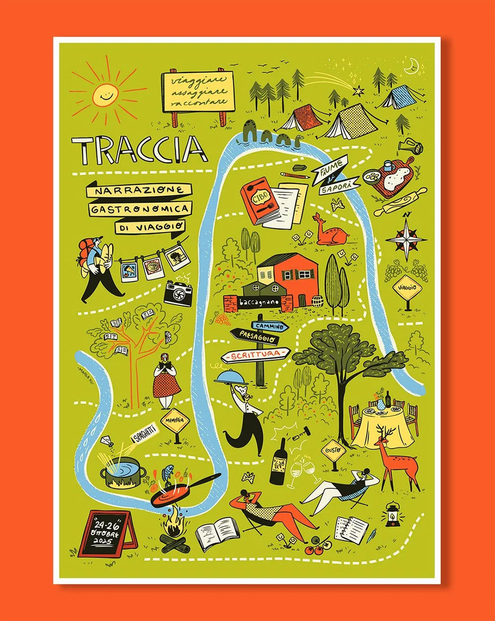 Narrative map created for Traccia, a travel writing retreat by Opificio Terrae. A poetic illustration exploring the connection between food, territory, and storytelling.
