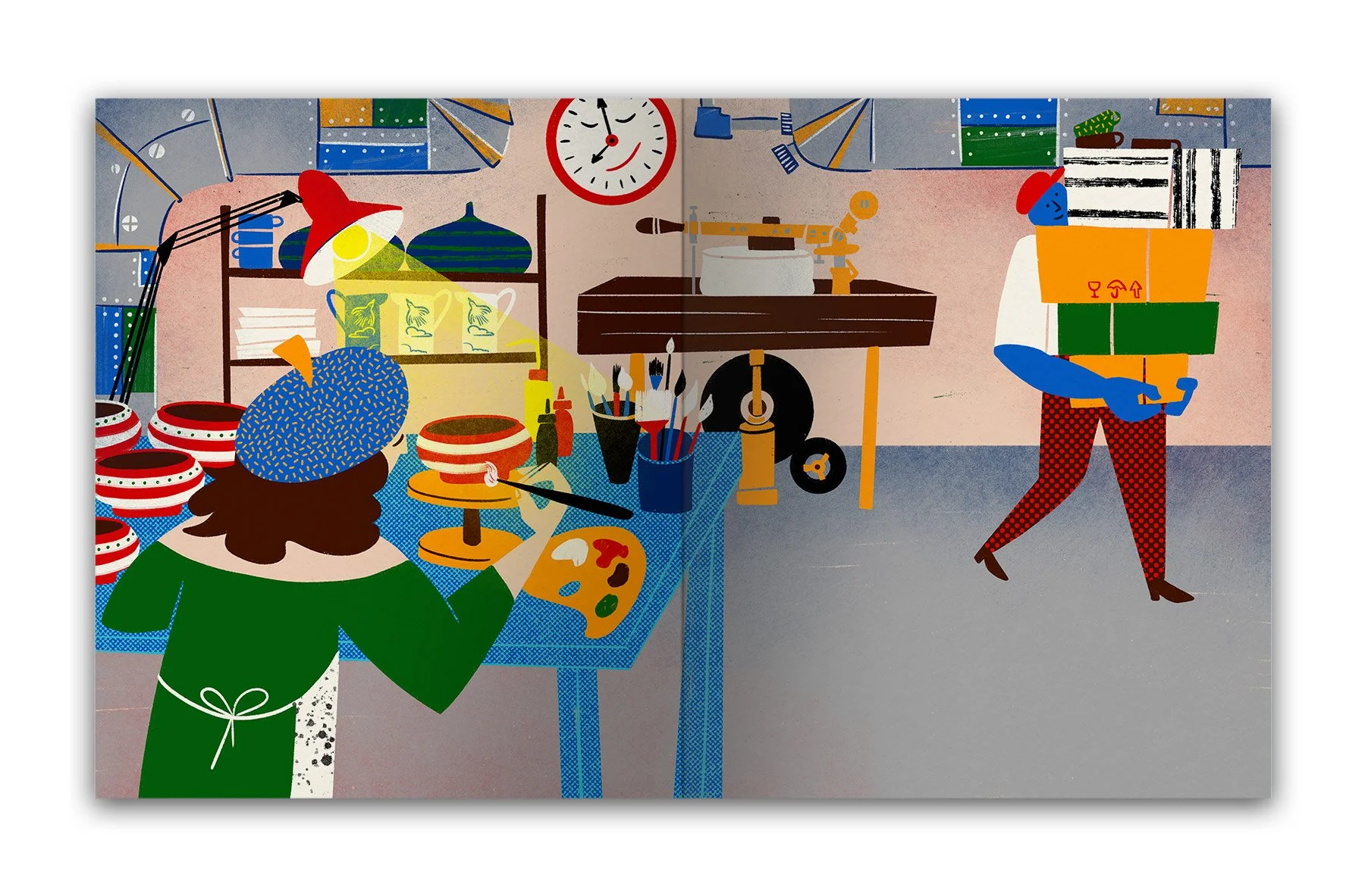 Artist painting decorated ceramics in a workspace with shelves, tools, and a robot arm, while another person carries a stack of boxes.