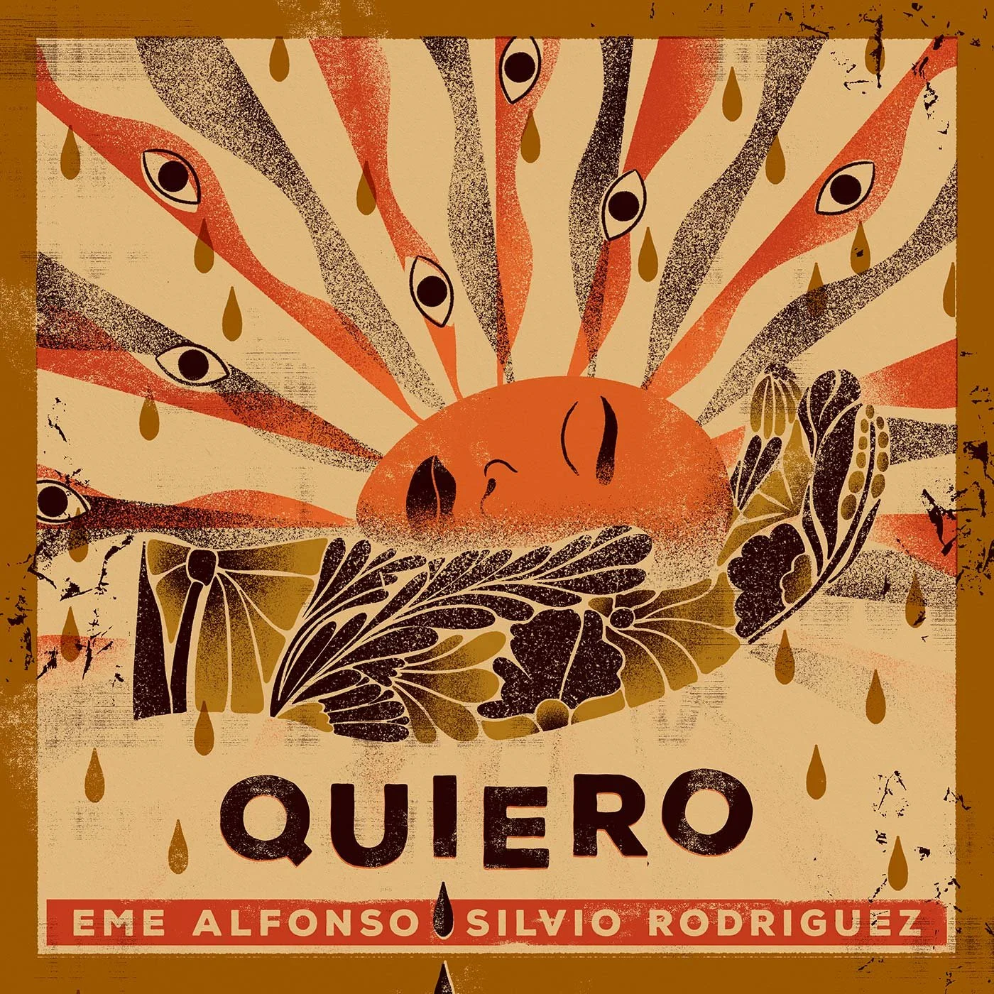 illustration features a radiant face surrounded by eyes, tears and organic motifs—elements that evoke longing, vulnerability and the intimate lyricism characteristic