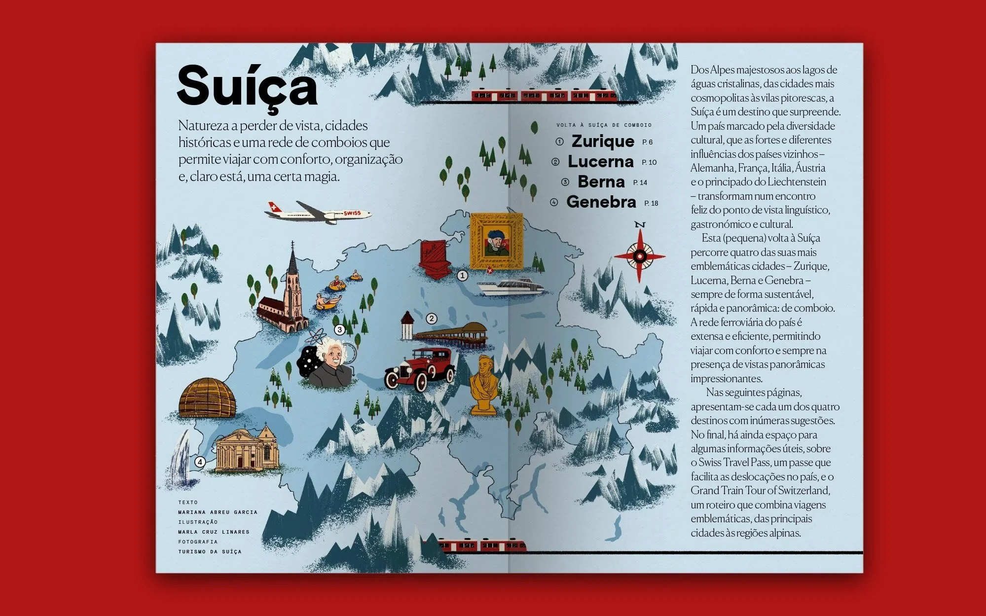 Editorial illustrations for Observador LifeStyle magazine and MySwitzerland, featuring a travel map of Switzerland.