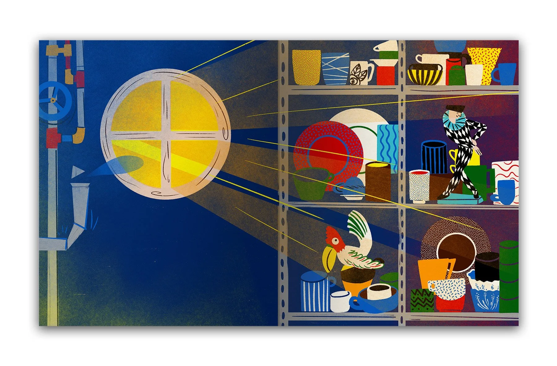 A colorful illustration of an art gallery illuminated by a round yellow light with multiple rays, showing shelves filled with various decorative objects, cups, bowls, a bird figure, and a person in a patterned outfit near the right side.