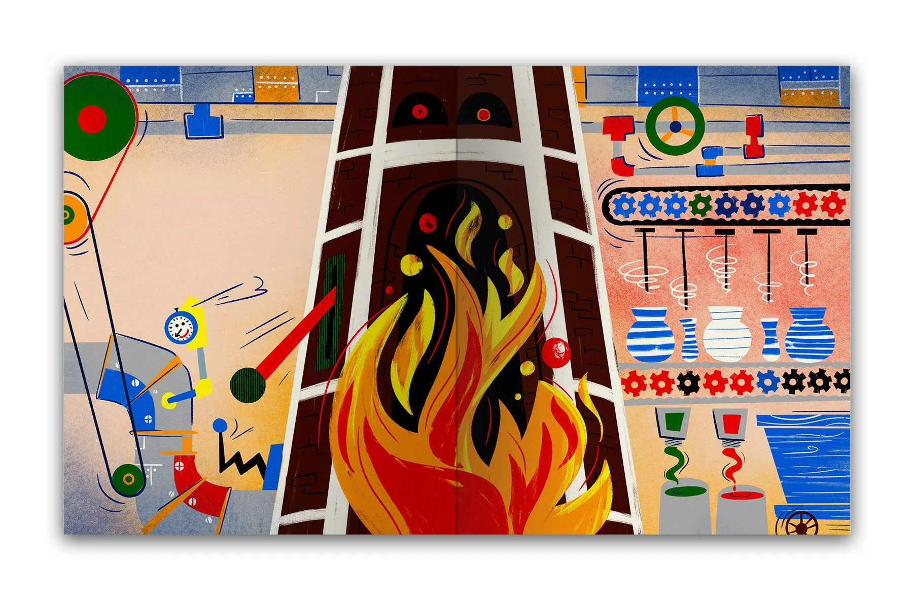 An abstract, colorful illustration of a factory with a chimney emitting flames and smoke, surrounded by nodes, gears, and lab equipment.