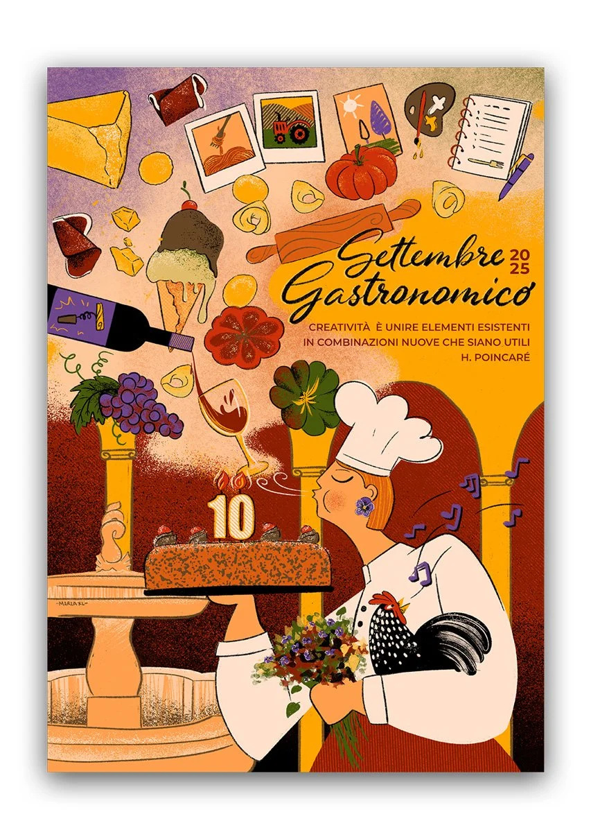 Editorial poster featuring ingredients and symbols of Parma’s culinary culture
