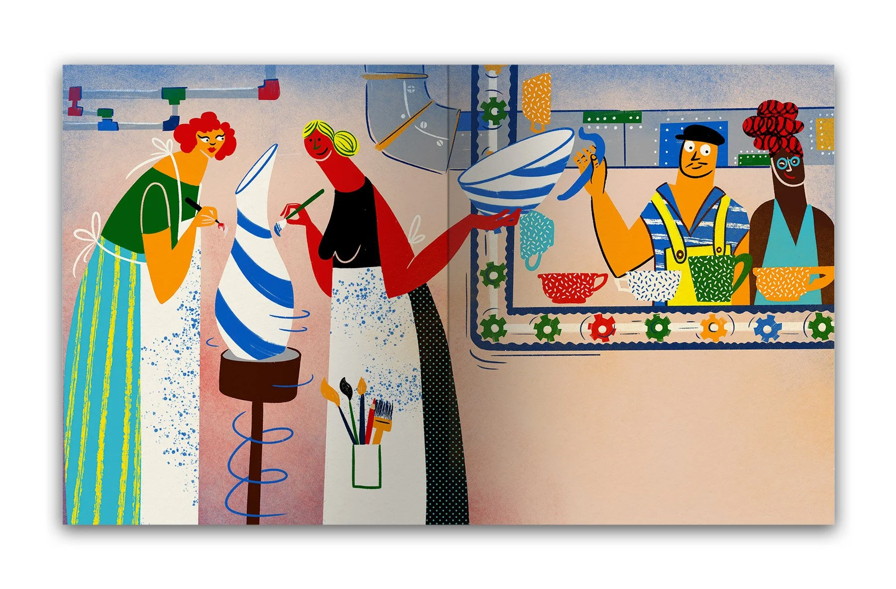 Colorful illustration of a ceramic workshop with two women shaping a large blue and white striped vase, and two men observing behind a counter with colorful cups and mugs.