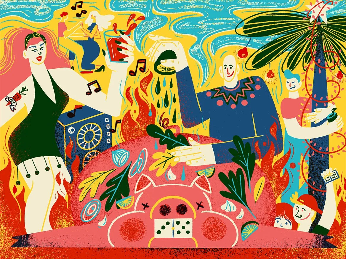 Editorial illustration depicting a cuban-america Christmas Eve scene with a pig roasted, festive flames, and stylized characters interacting through food, music, and celebration — created for Serious Eats