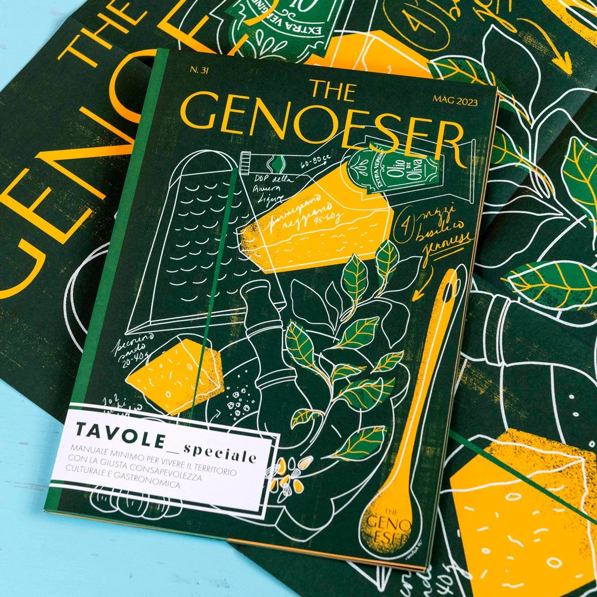 Pesto alla genovese ingredients illustrated in a contemporary narrative style