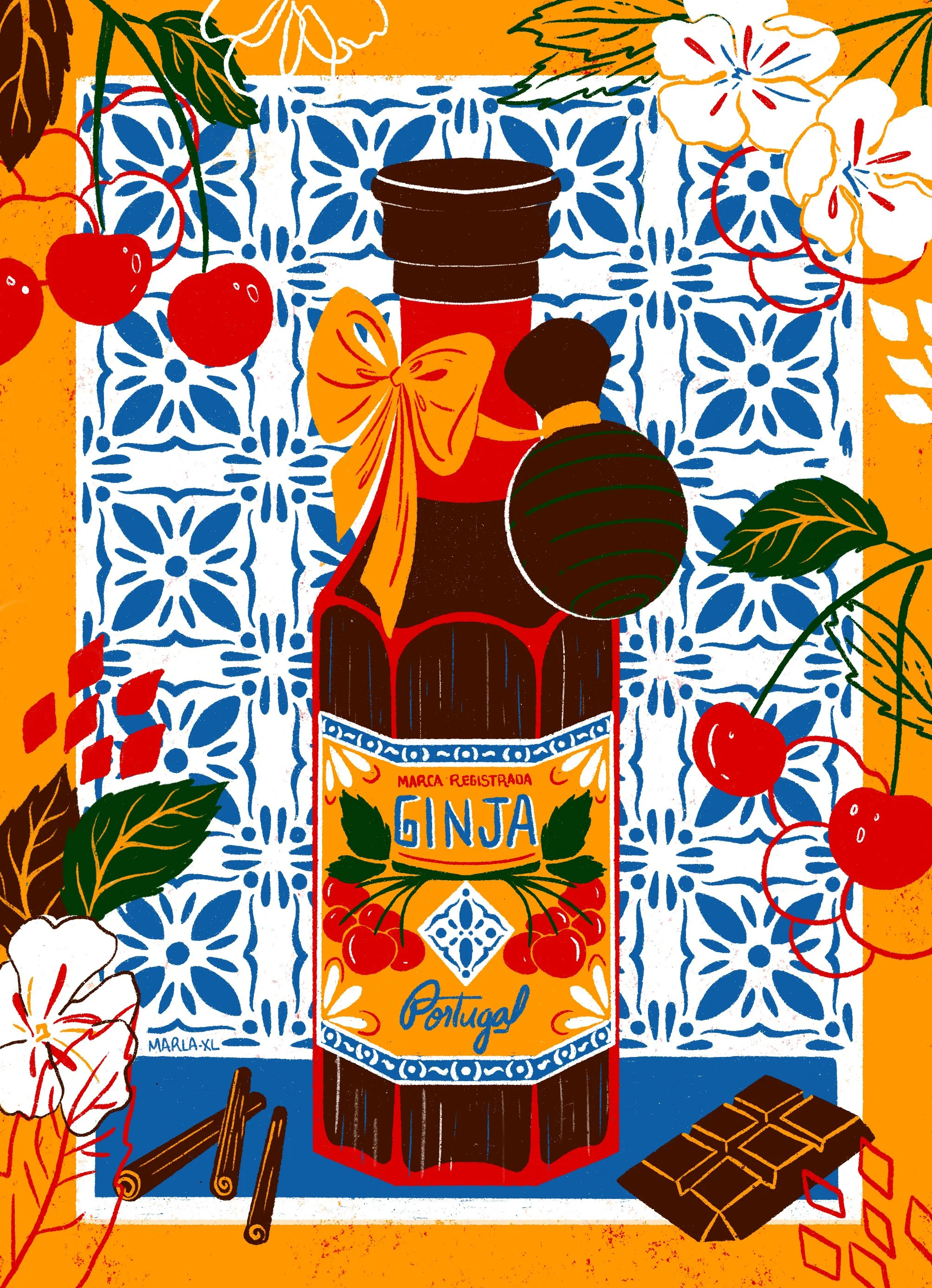 Illustration featuring cherries, spices and a Ginjinha bottle for a magazine article