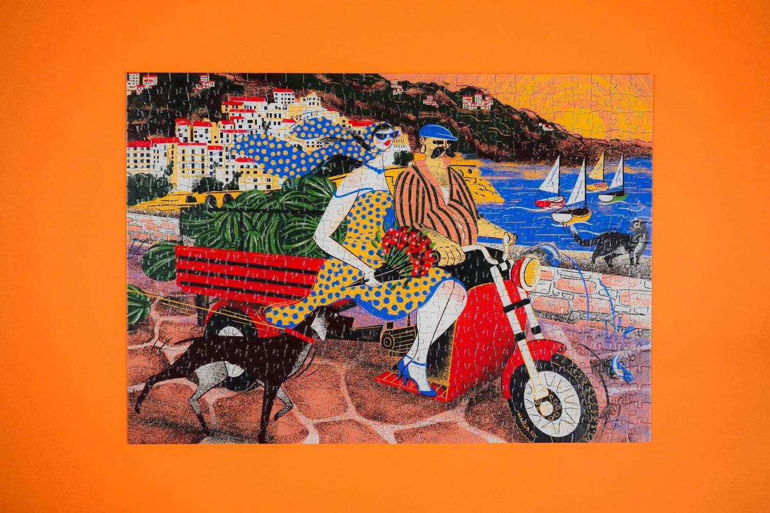 The artwork captures the calm rhythm of summer evenings: warm tones, layered textures and a sense of suspended time. Each piece of the puzzle reveals a small fragment of this atmosphere, inviting the viewer to rebuild the scene slowly, gesture by ges