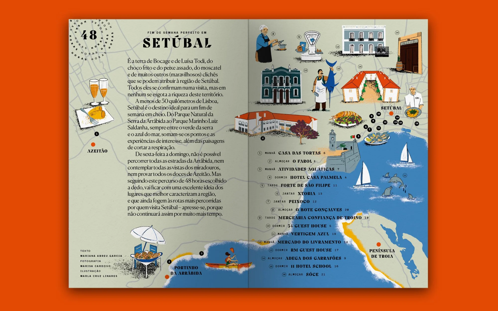 Colorful illustrated guide to Setúbal’s attractions, restaurants, and natural landscapes.