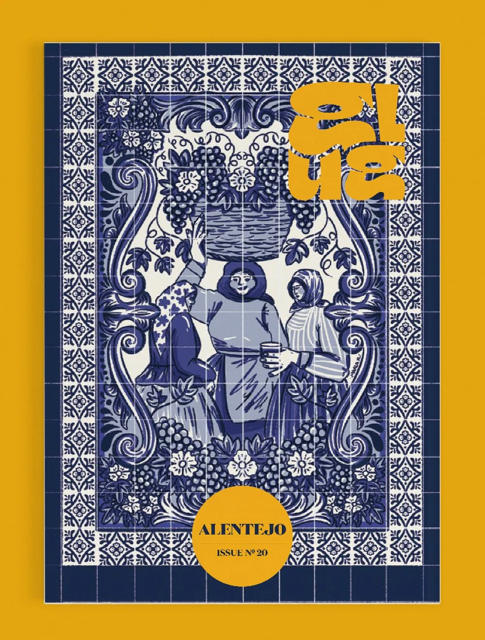 Cover illustration for Glug Magazine’s Alentejo issue inspired by Portuguese azulejo tiles by Marla Cruz Linares