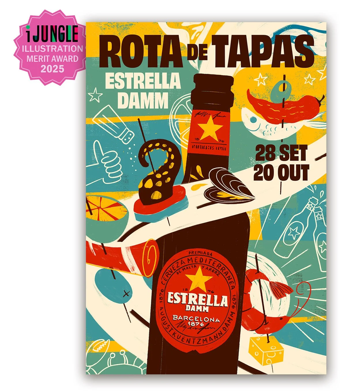 Illustrated poster for Estrella Damm’s Rota de Tapas campaign, showing typical Mediterranean food and the bottle os beer