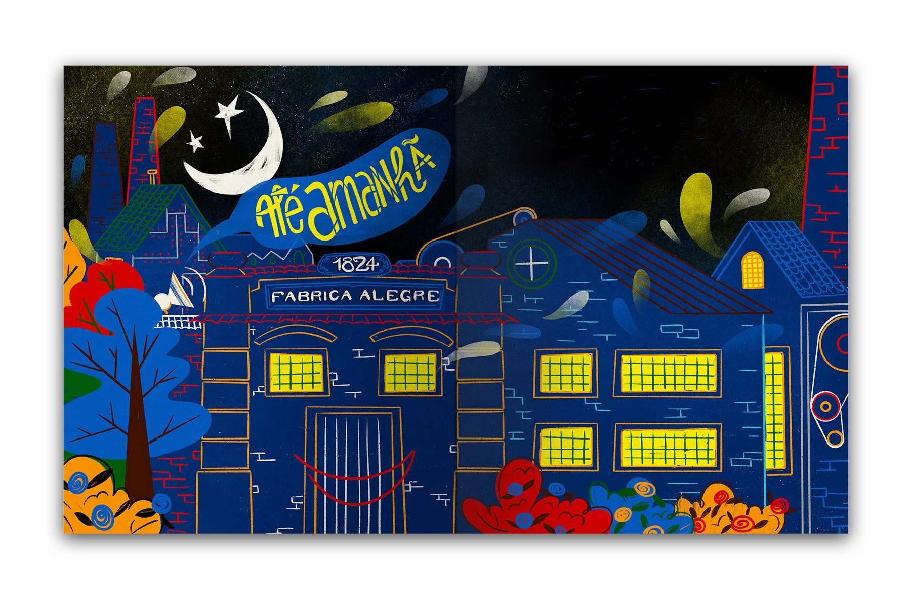 Colorful illustration of a blue building with yellow windows, a red door, trees, and flowers; night scene with a moon and stars, and a sign that reads 'Afãamañã'.