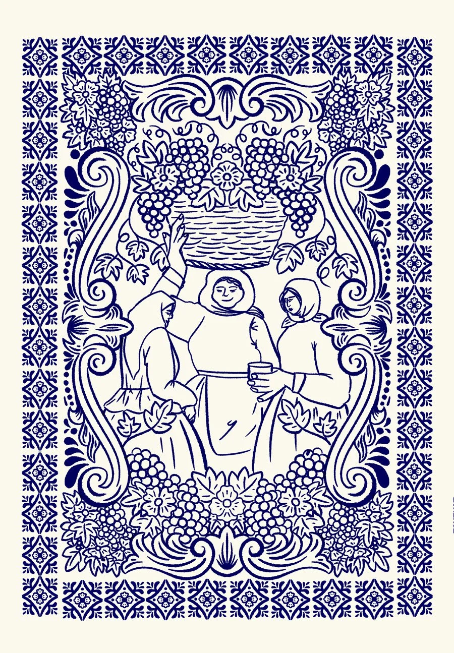 Blue and white tile‑style illustration for a wine magazine cover