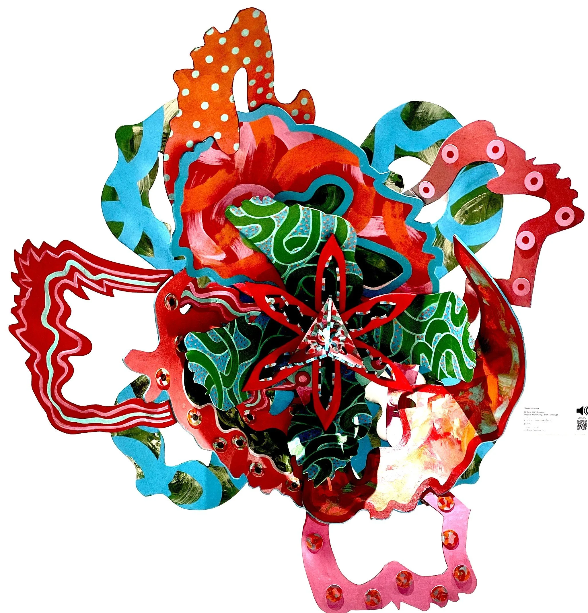 Sean Haynes, Urban Wall Flower: Peace, Harmony and Courage, 2025. Acrylic on bendable wood.