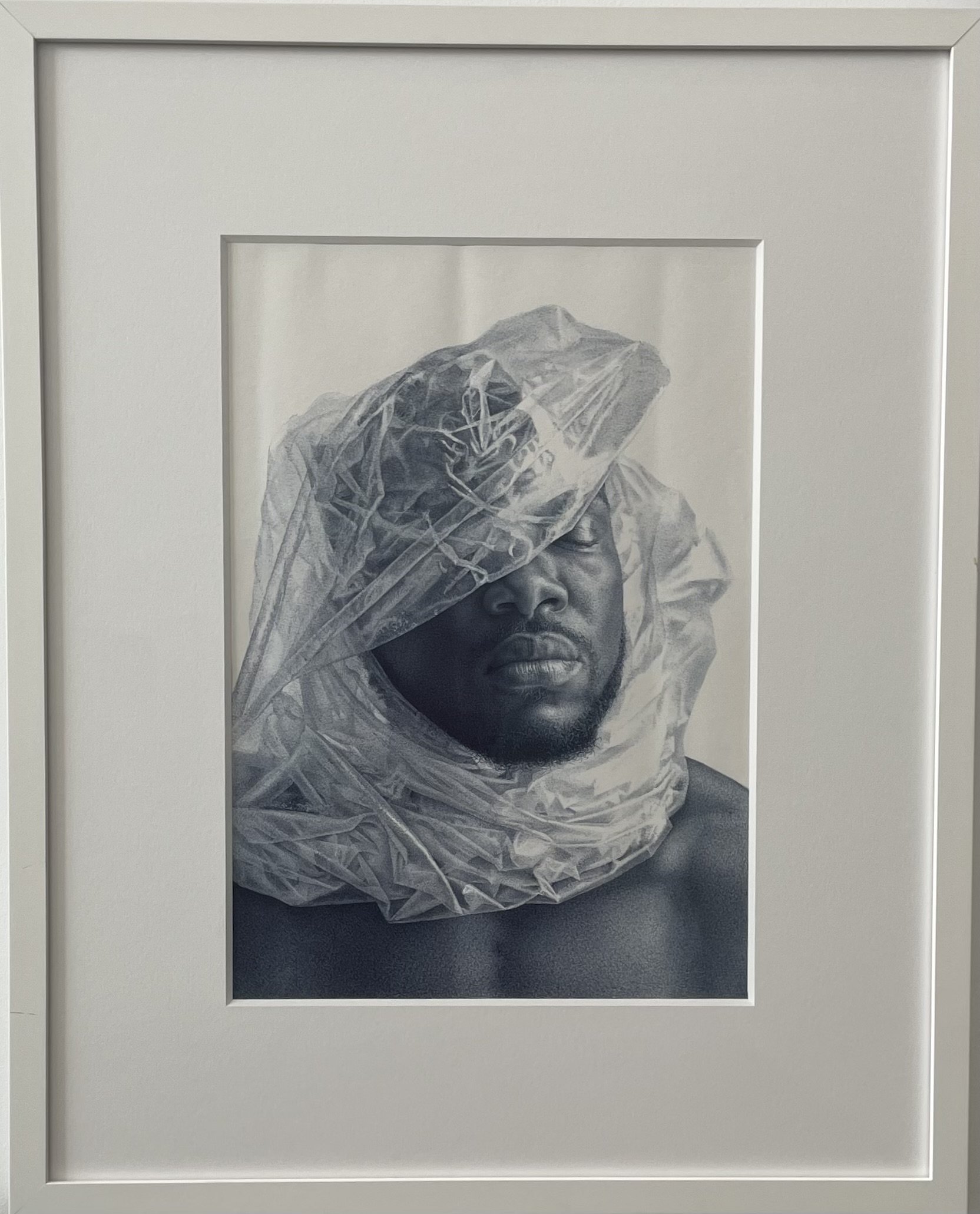 Untitled - portrait in plastic wrap, 16.25 x 11.5," ink pen on paper