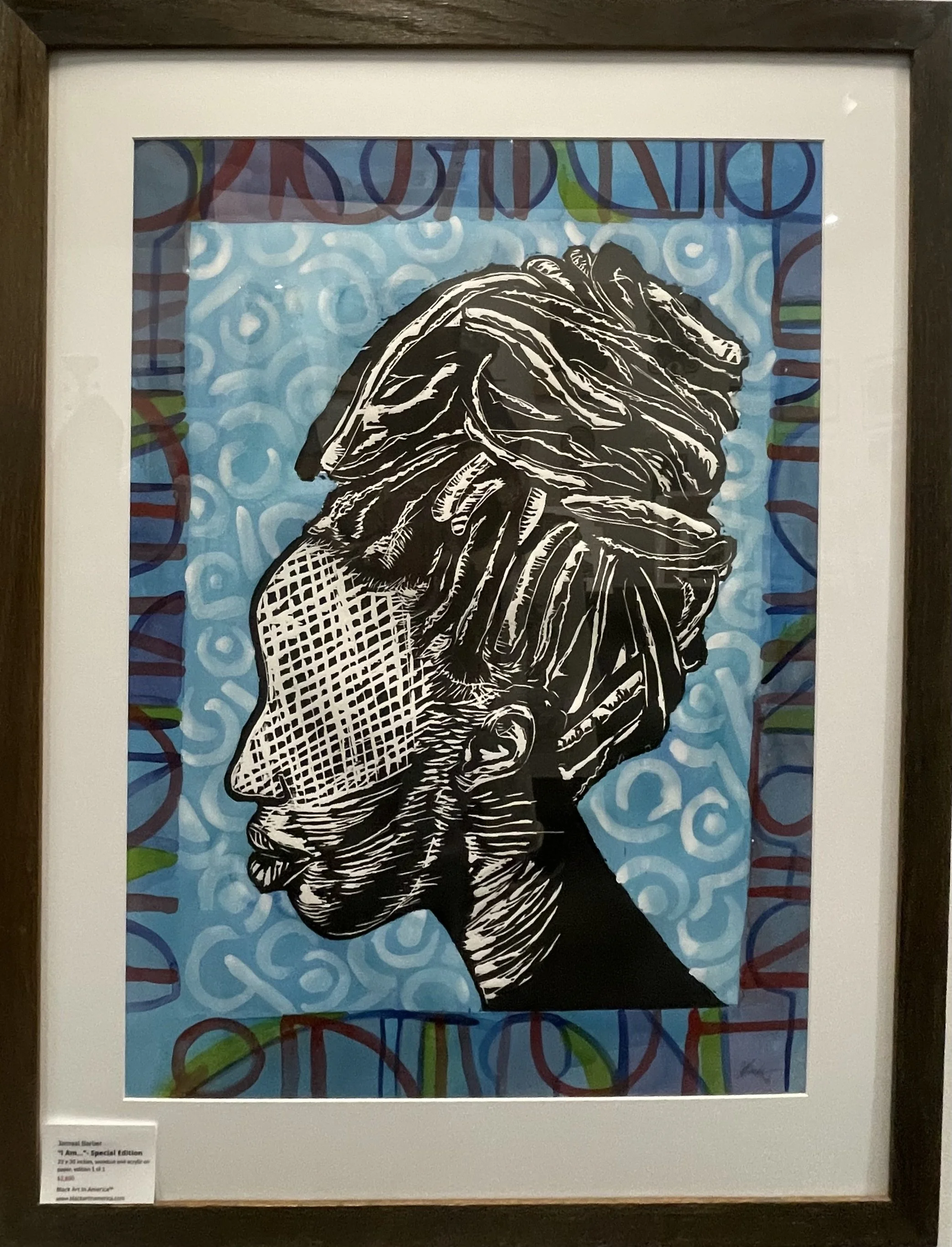 Jamaal Barber, "I Am," woodcut, acrylic on paper, 22 x 30 in.