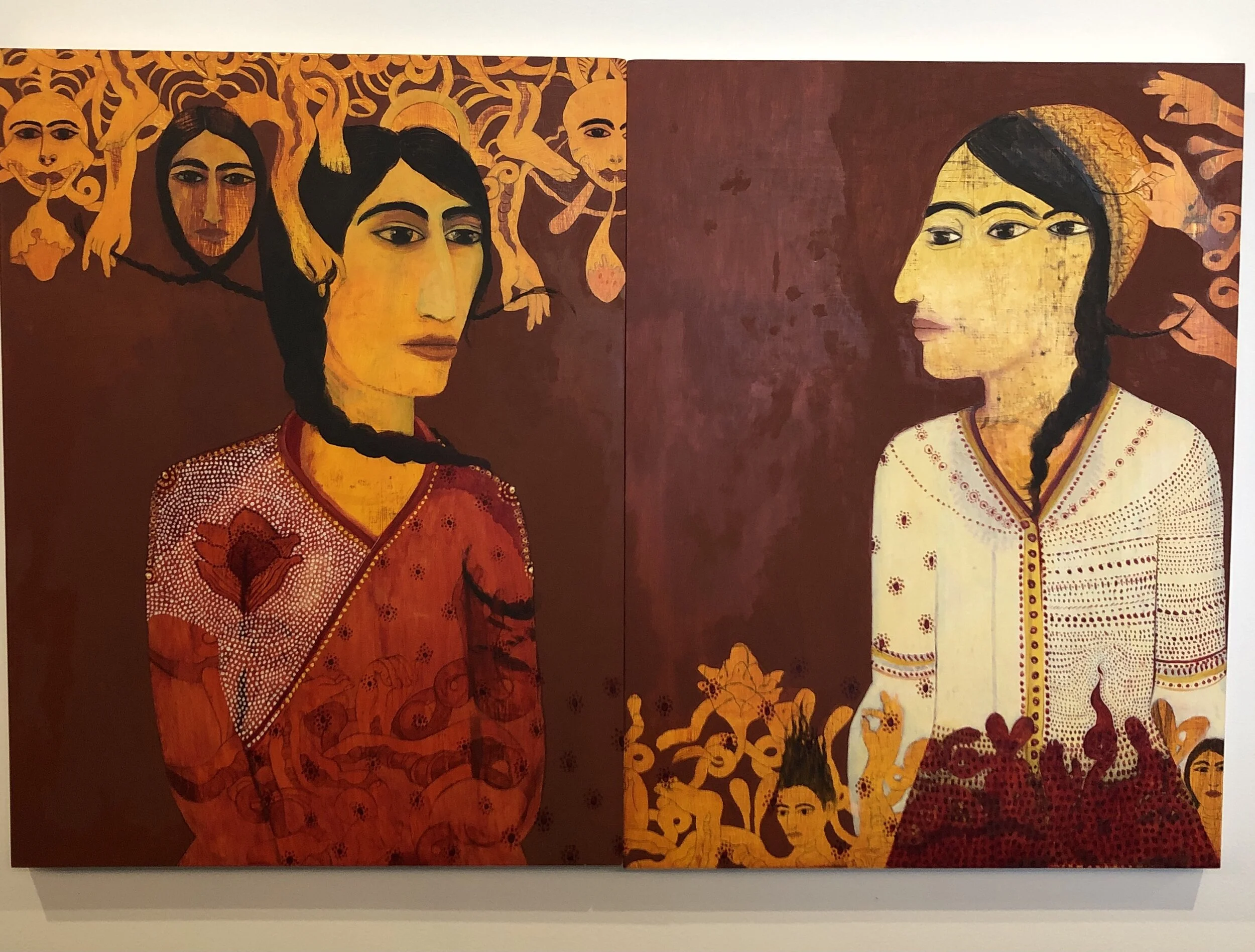 Samira Abbassy, from left to right: Within Her Stillness, Her Heart Aglow and Ghost of Her Migration, Both: (oil on gesso panel)
