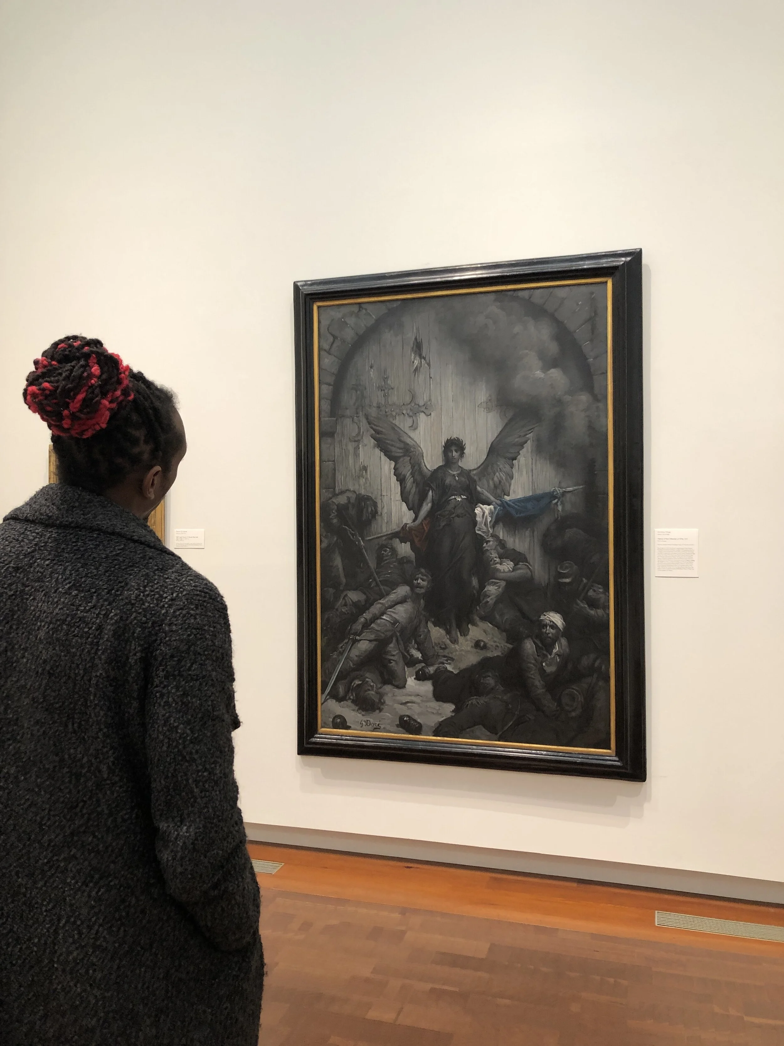 My son looking at Gustave Dore', The Defense of Paris (Memories of 1870), 1871 (oil on canvas) 