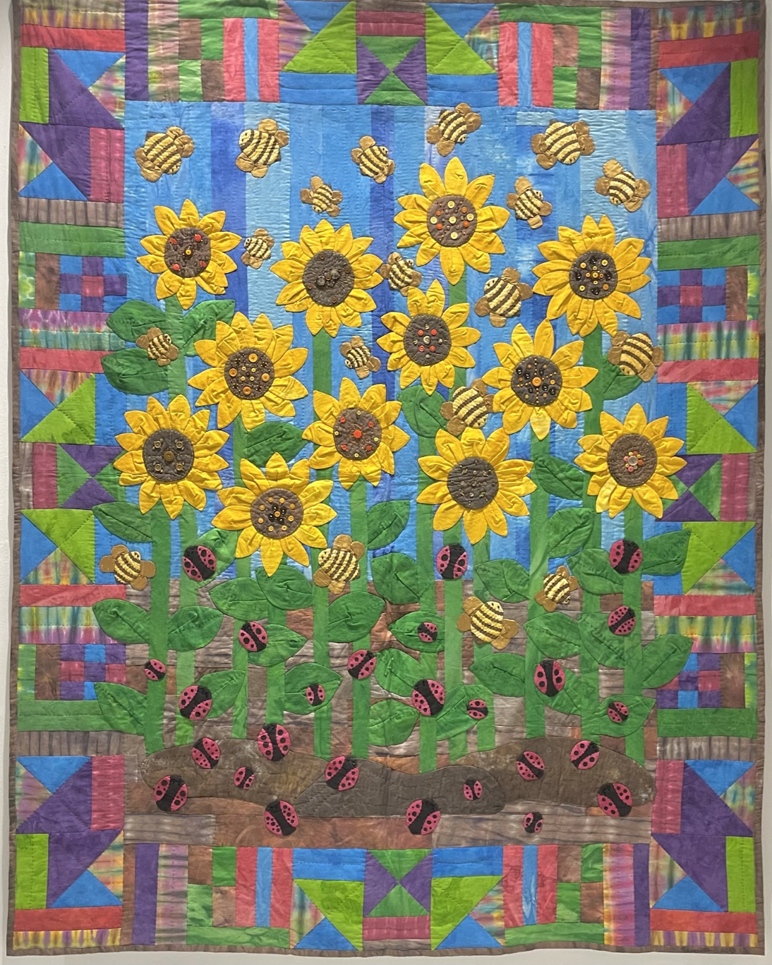 Organic Urban Garden Quilt, 2013, Hand-appliqued, hand-painted and hand-quilted.