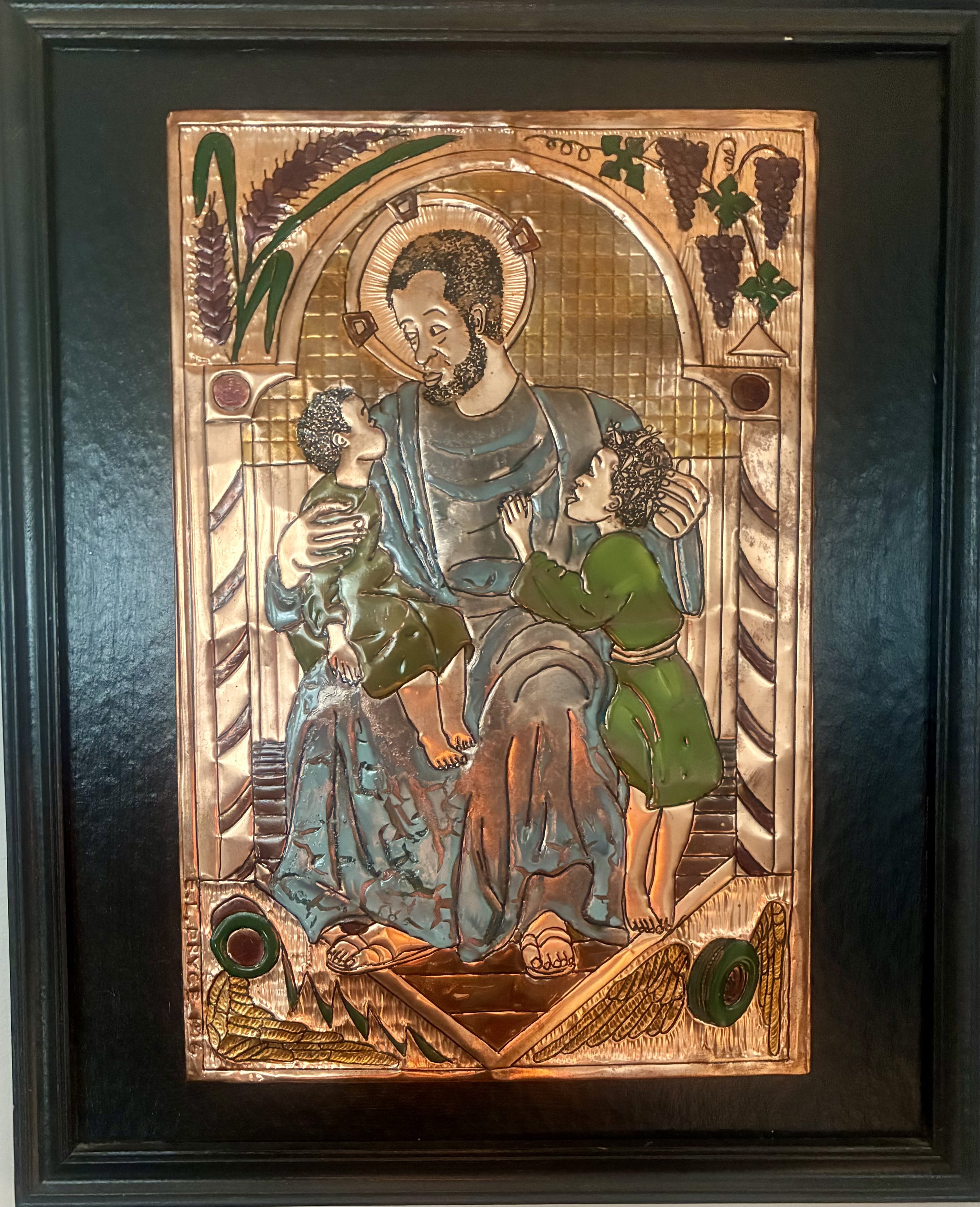 "Our Future," 1986, copper repousse', acrylic, wood frame.