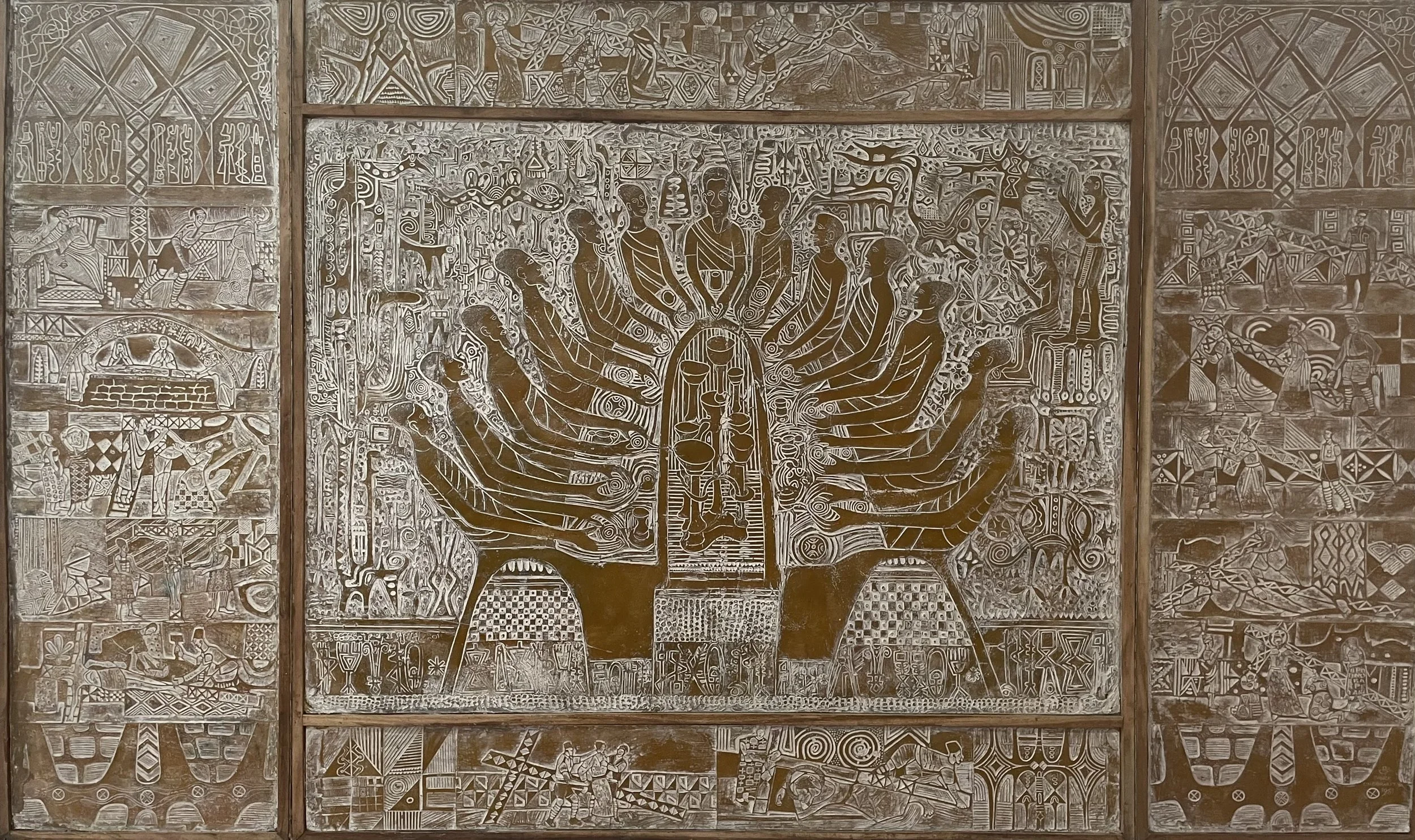 Bruce Onobrokpeya, The Last Supper. 2021. Plywood and plastocast, relief.