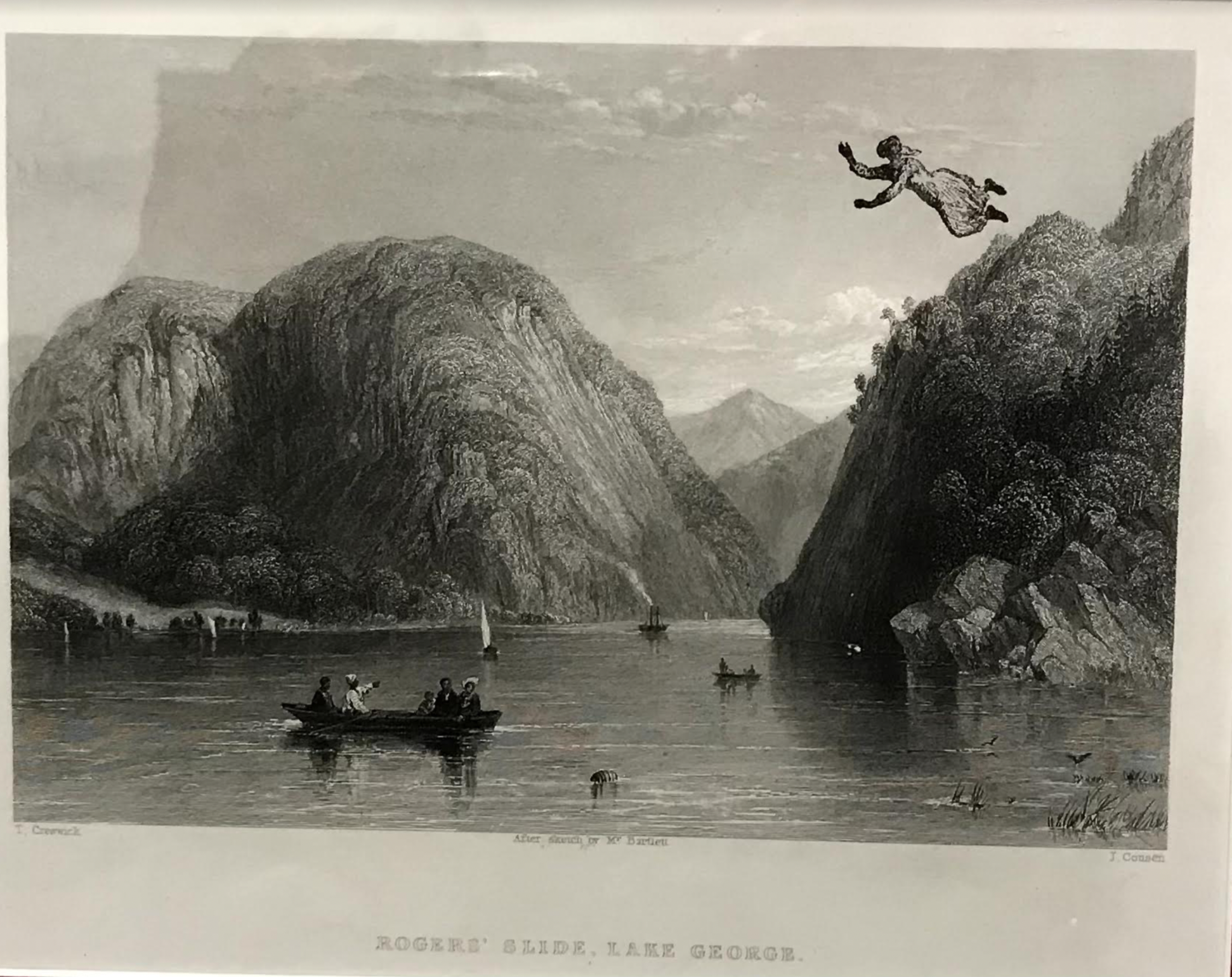 Jean-Marc Superville Sovak, a Historical Landscape/Roger's Slide, Lake George (A Sabbath Scene) Monoprint on found antique engraving