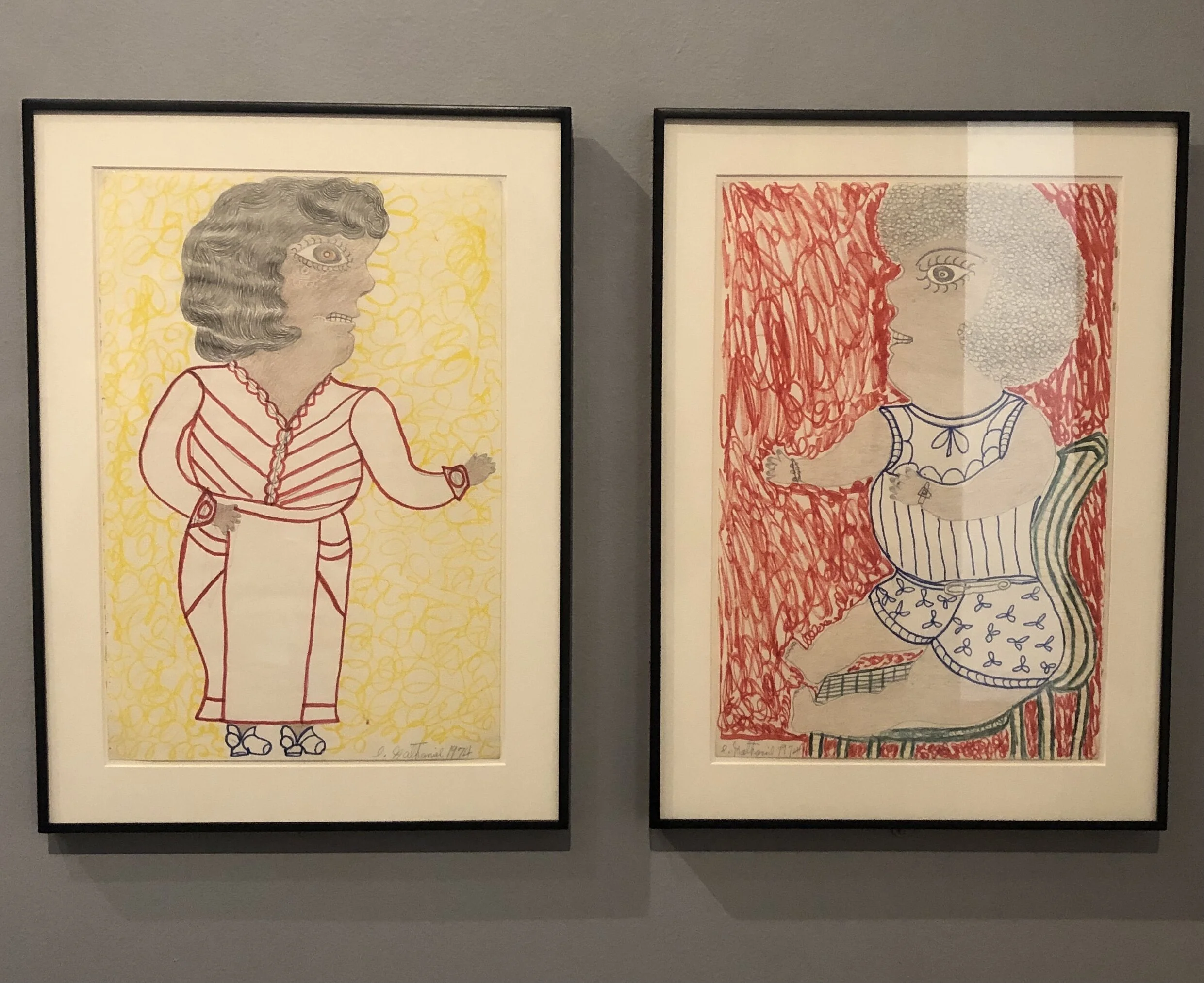 From left to right: Standing Woman with Raised Arm,  1974 (pencil, colored pencil and felt-tip pen on paper) "Untitled," 1974 (pencil, colored pencil and felt-tip pen on paper)