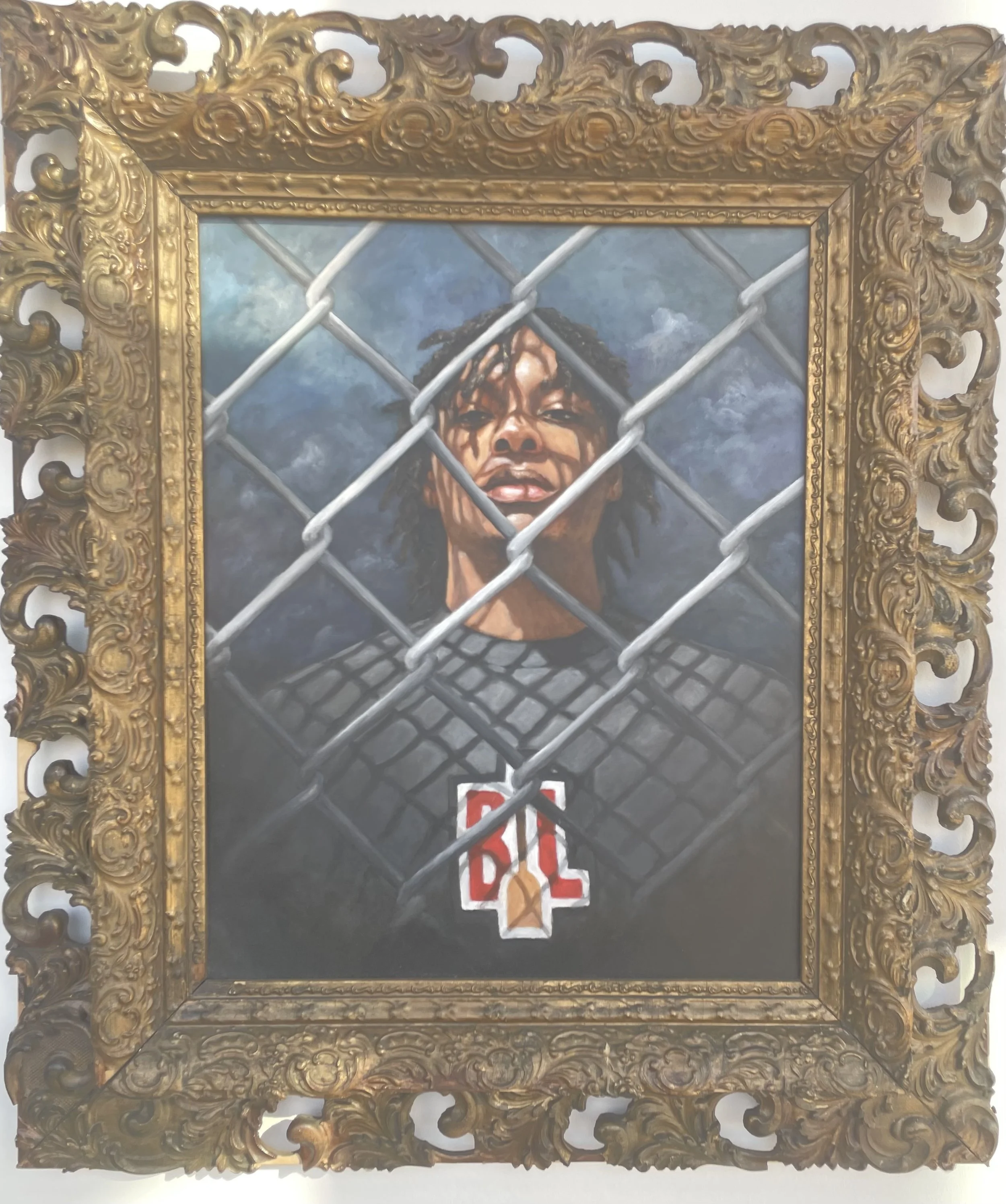 Gordon Shadrach, Guard, 2021. 20 x 16" Framed: 29.5 x 25," oil on panel / antique frame