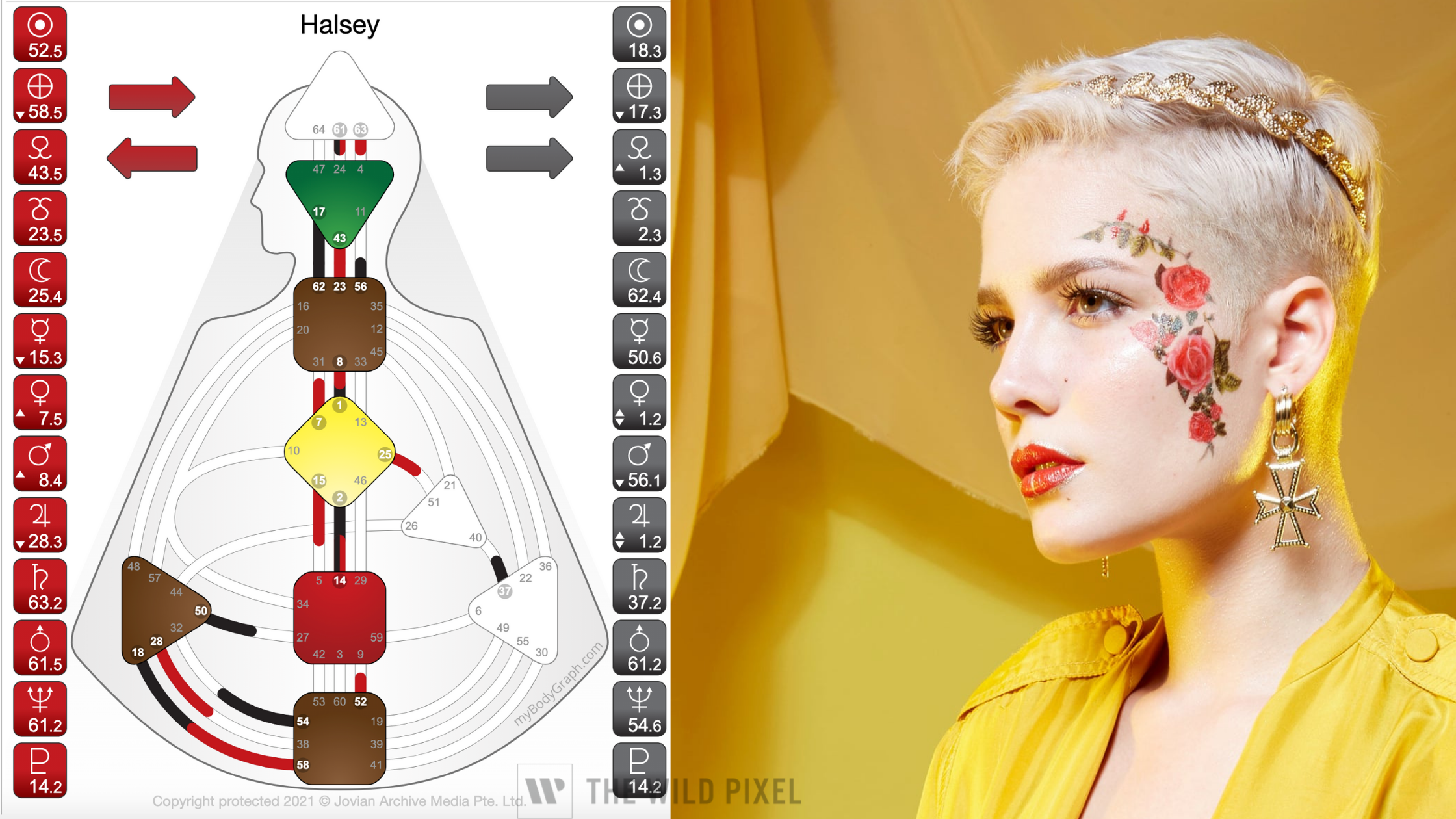 Chart generated with myBodygraph and image of Halsey from The Guardian.