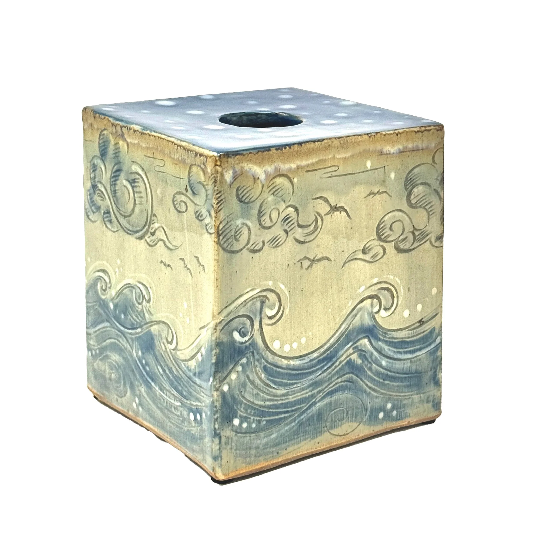 Ruth Fischer Rutkowsky, Tissue Box Cover, Stoneware, etched design, 6.25" x 5" x 5", Retail value: $165