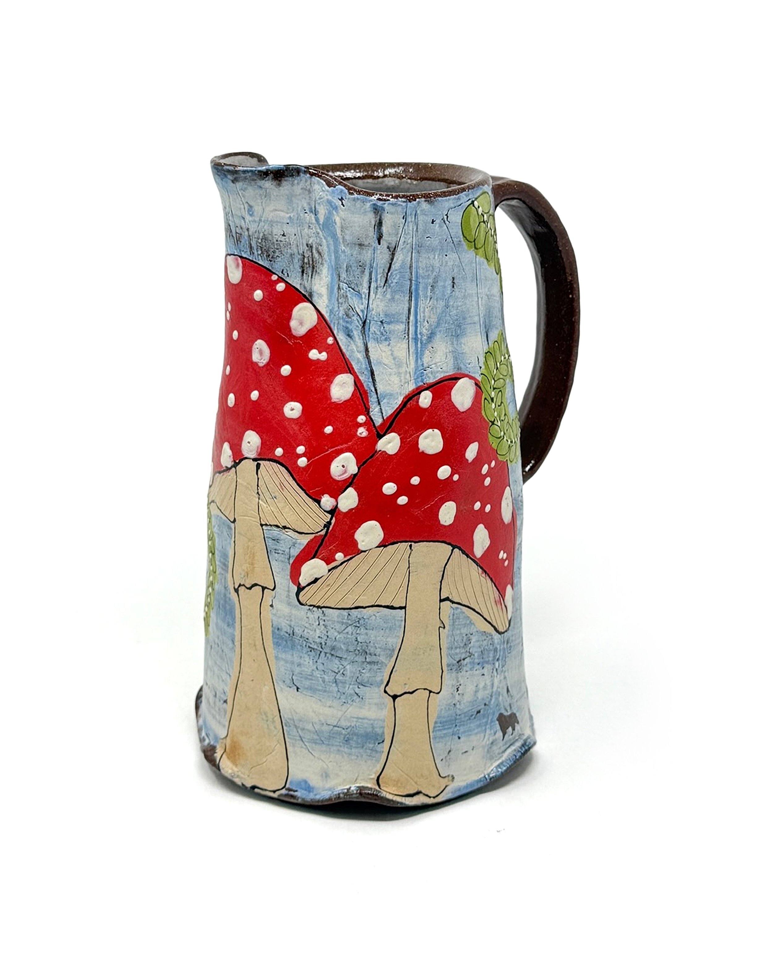 Teresa Pietsch • 
Pitcher • 
Thrown, monoprint slip transfer, resists, slip trailing, soda-glazed, fired to Cone 1 • 
8”  x 5” x 5” • 
$220 value

