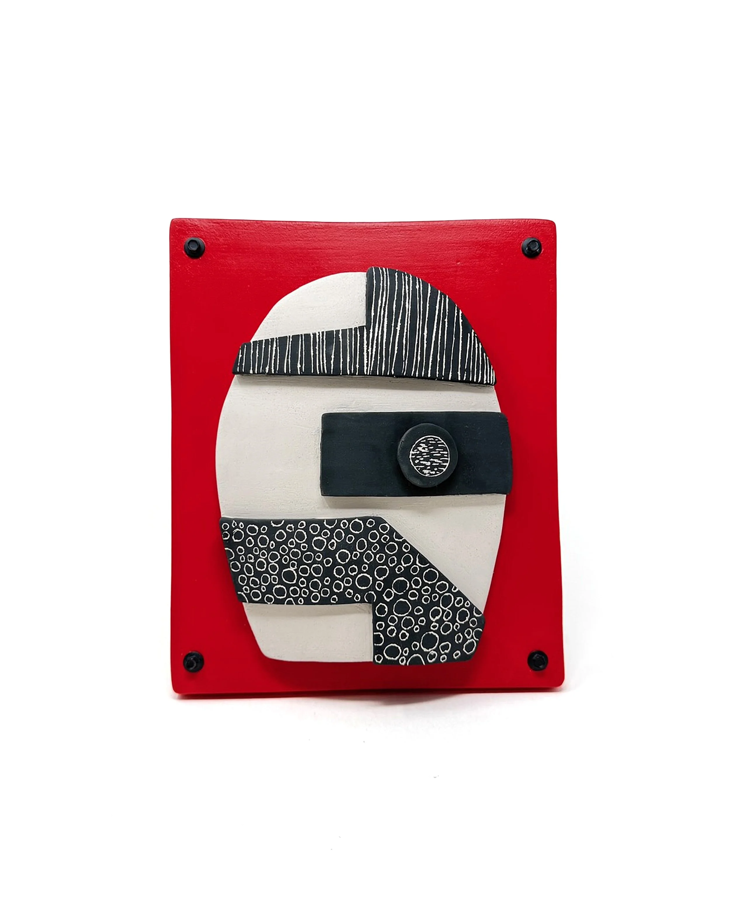 Valerie Schnaufer •
Shield • 
Slab construction with underglazes, sgraffito, acrylic and metal adornments. •  11.5" x 9.5" x 1” • 
$300 value