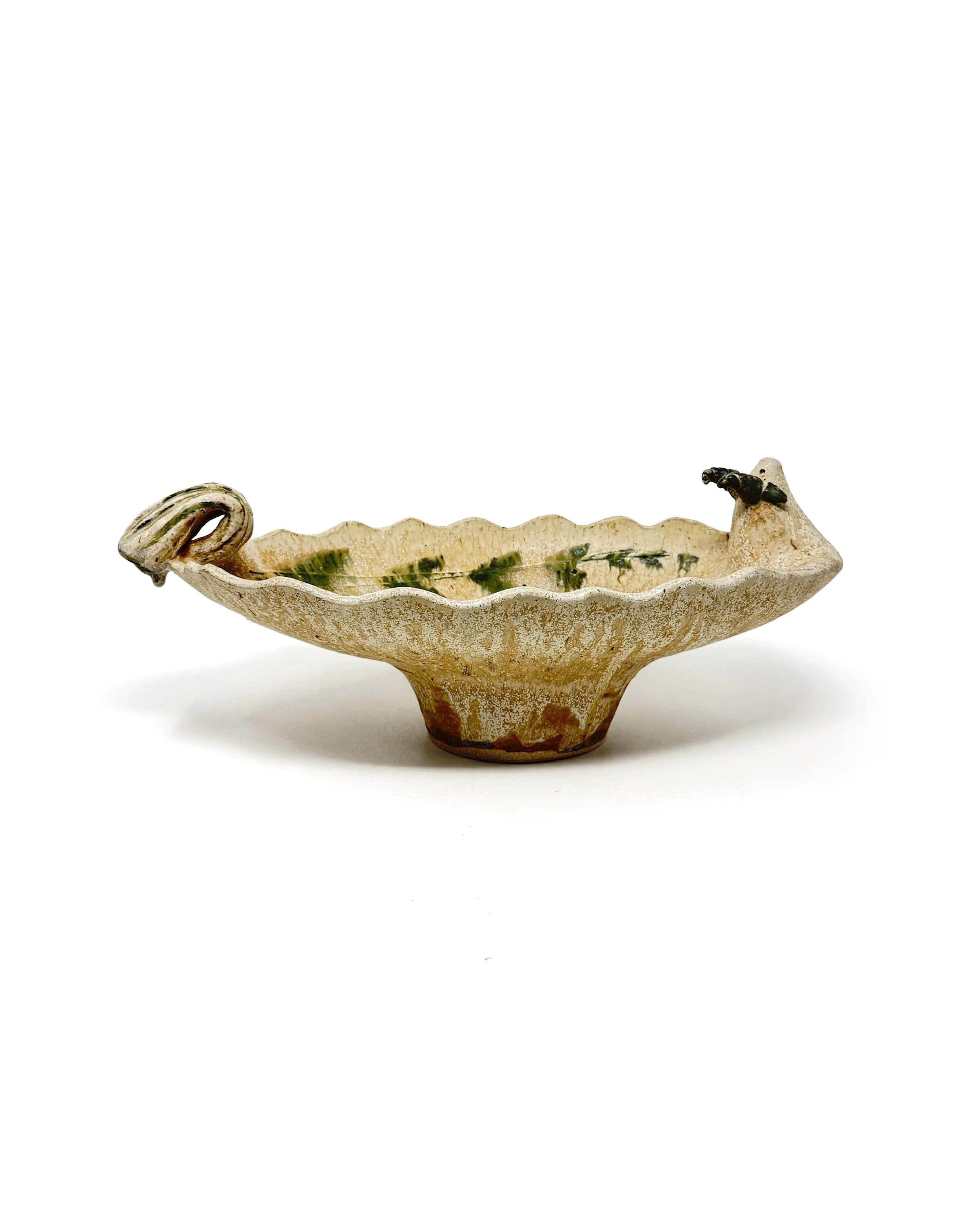 Galen Sedberry • 
Oval Bovidae Fruit Bowl • 
Hand built, NC stoneware, rice-hull ash glazed, wood fired to cone 10 •
17'' x 8'' x 5'' • 
$300 value